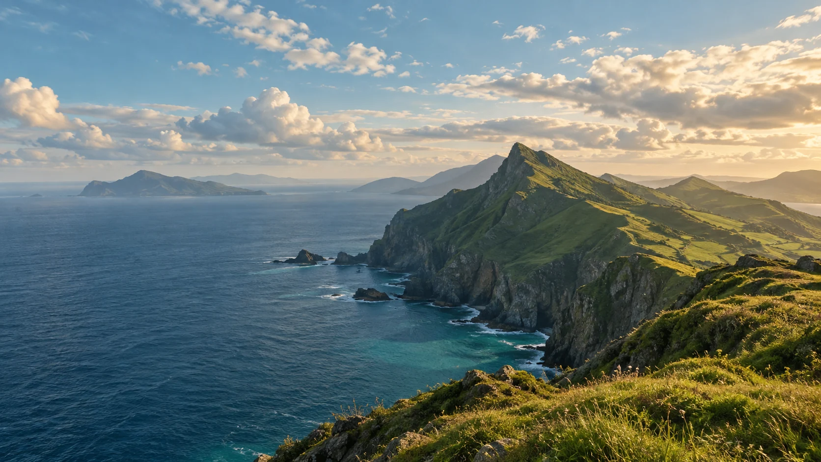 Emerald volcanic cliffs above a luminous Atlantic ocean